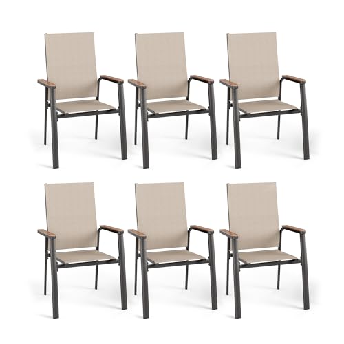 PHI VILLA Outdoor Stackable Dining Chairs Set of 6（Beige,Lightweight Aluminum Frame with Textilene Fabric & Wider Armrest,Easy to Store,Outdoor Chairs for Garden,Lawn