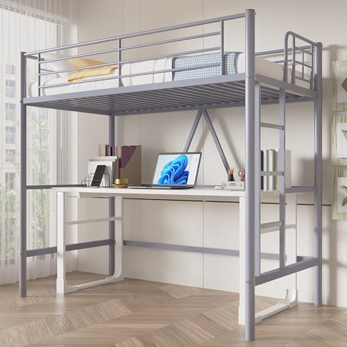 VECELO Metal Loft Bed Twin Size, Heavy Duty Bedframe with Removable Ladder and Safety Guardrail, Space-Saving, Noise Free, No Box Spring Needed, Off White