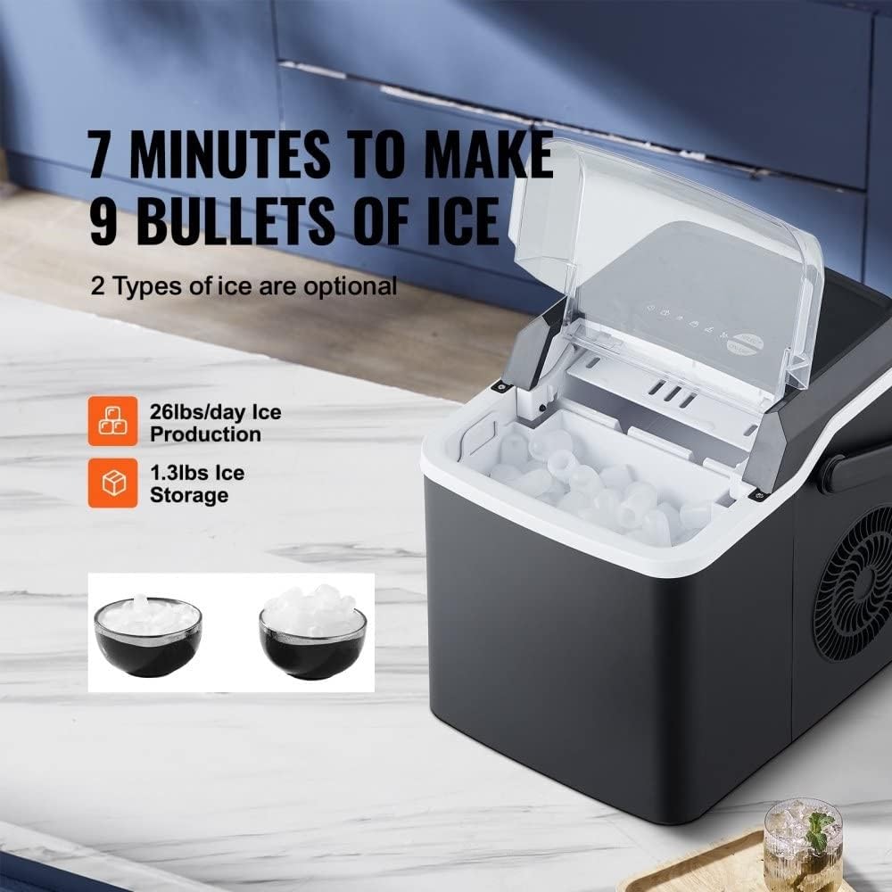 Portable Countertop Ice Maker with Self-Cleaning Function - 9 Cubes Ready in 7 Mins, 26lbs in 24Hrs, Includes Ice Scoop and Basket, 2 Sizes Bullet Ice - Perfect for Home Kitchen Office Bar Party