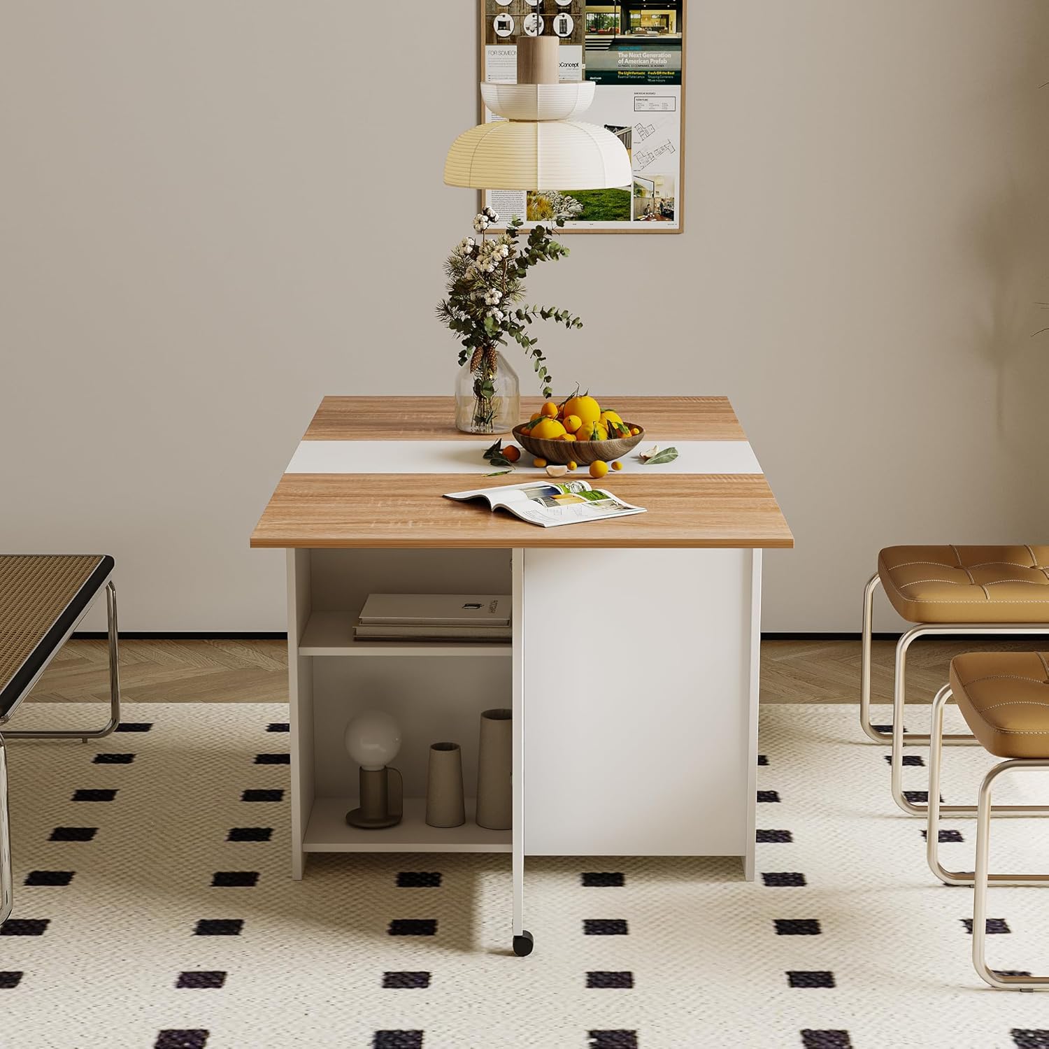 Folding Dining Table with Wheels, Drop Leaf Dining Table with 2 Layer Storage Shelf, Farmhouse Wood Kitchen Table for 4, Rectangle Extendable Dining Table for Kitchen Small Spaces, White+Oak