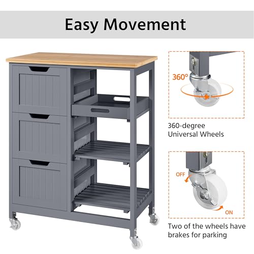 Yaheetech Kitchen Island Cart on Wheels with Bamboo Countertop, Rolling Serving Utility Trolley Cart with 3 Drawers, 3 Removable Shelves & Lockable Casters, Storage Cabinet for Dining Room, Bar, White