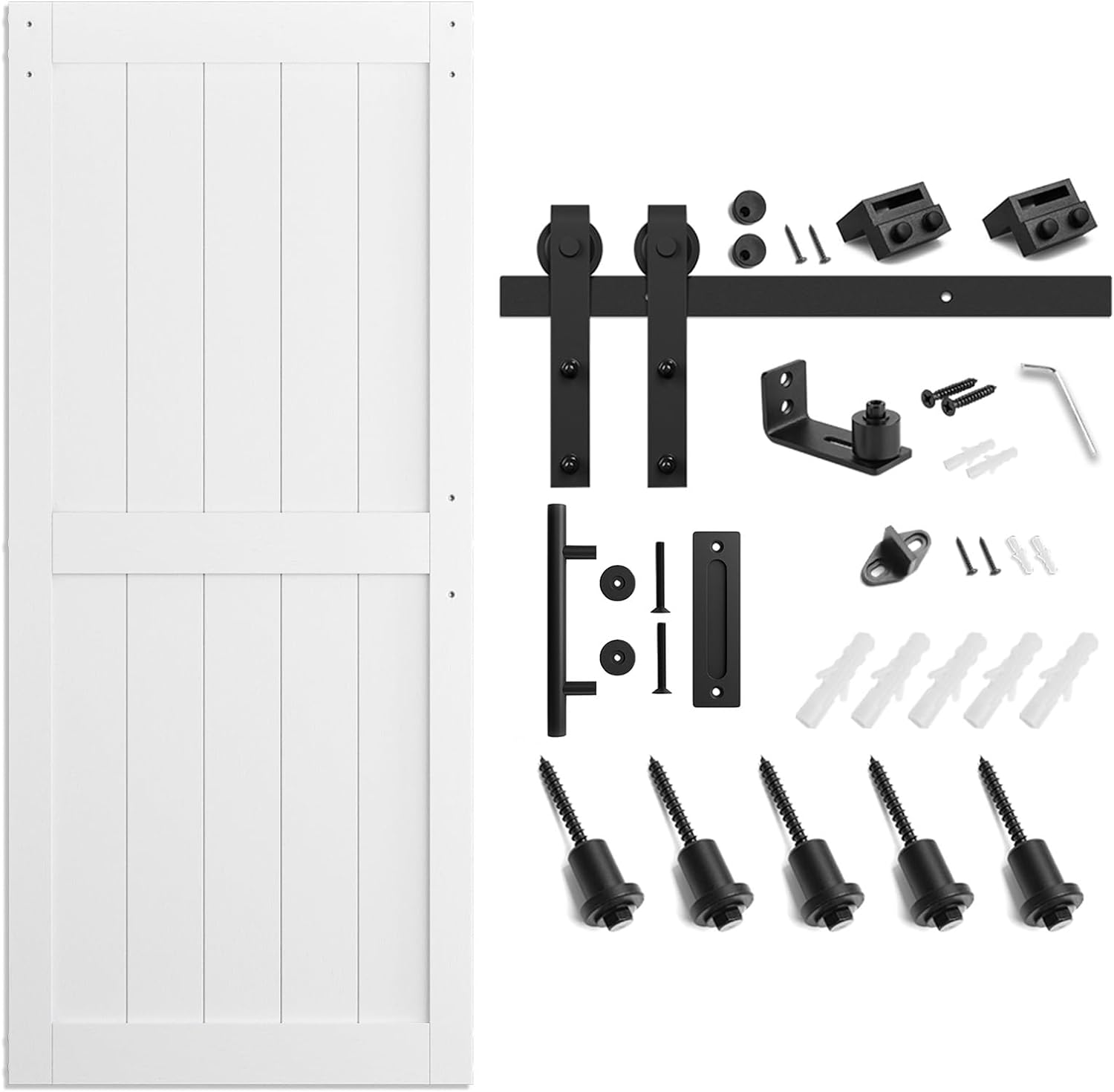 SmartStandard 36 x 80 inch White Slidng MDF Barn Door with 6.6FT Black Sliding Door Hardware Kit & Handle, Pre-Drilled Ready to Assemble, Waterproof PVC Coating, H-Frame