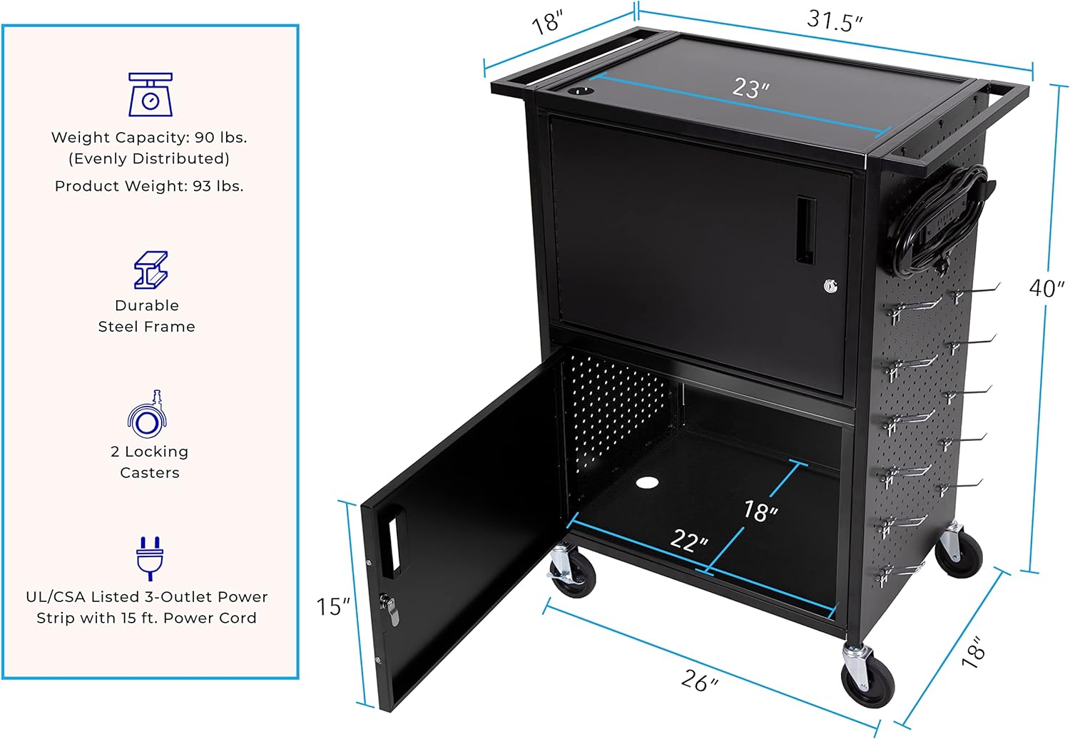 Line Leader Stellar AV Cart | Computer Cart with Pegboard Siding & 12 Hooks for Customizable Storage | Locking Cabinet & Pullout Keyboard Tray | UL Safety Certified Power Outlets | Locking Wheels
