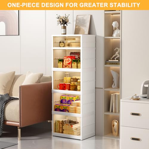 Collapsible Storage Bins with Wheels, 108 Gal Foldable Closet Organizers and Storage, Plastic Storage Cabinet with Door, 5 Tier Storage Containers for Kitchen Office Bedroom, White