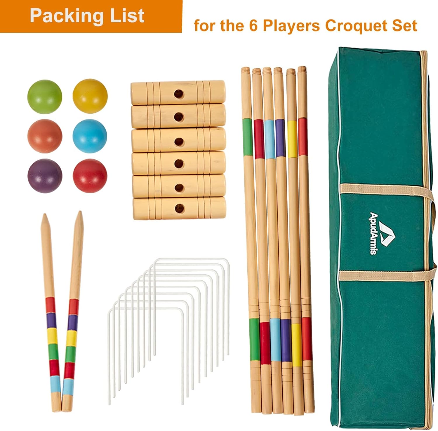 ApudArmis 35In Six Players Croquet Set with Deluxe Premiun Pine Wooden Mallets,Colored Ball,Wickets,Stakes - Lawn Backyard Game Set for Adults/Teens/Family (Large Carry Bag Including)