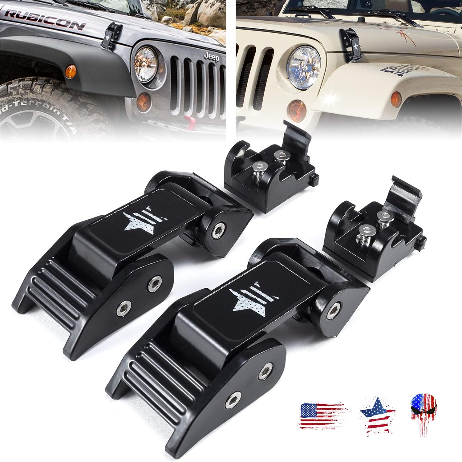 Buling TJ Hood Latches Improved Design Aluminum Hood Catch Latch Kits Compatible with Jeep Wrangler TJ 1997-2006 (Texture Black US Flag)