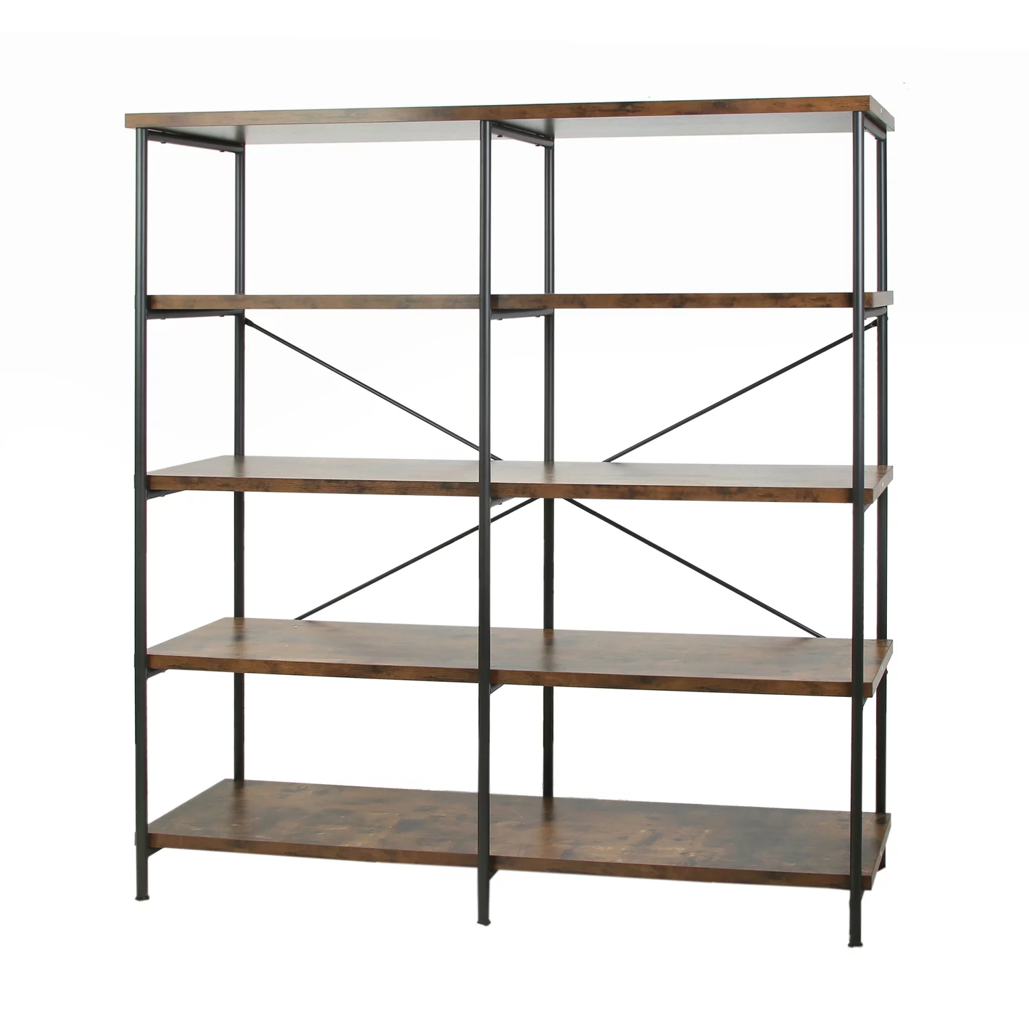 Benjara 14.25" 4-Shelf Modern Metal and Wood Bookcase in Brown and Black