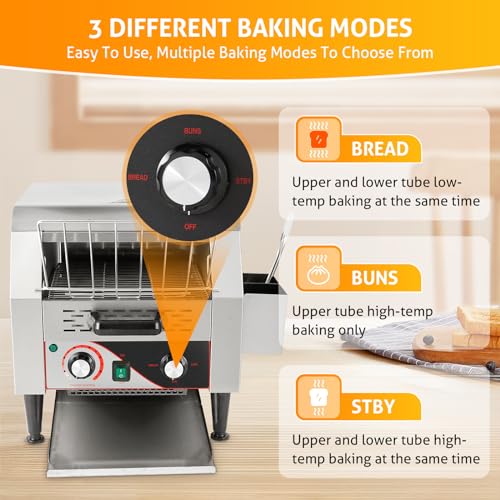 WICHEMI Commercial Toaster 300 Slices/Hour Conveyor Restaurant Toaster 2200W Electric Conveyor Toaster for Bun Bagel Bread Heavy Duty Stainless Steel Conveyor Toaster
