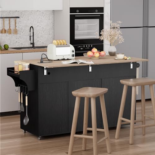 Kitchen Island on Wheels with Storage, Rolling Kitchen Islands with Drop Leaf&Power Outlet, Mobile Kitchen Island Cart with Trash Can Storage, Spice Rack, Towel Rack, Storages Cabinet ,Drawers