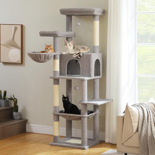 PAWZ Road Large Cat Tree, 73 Inches Tall Wooden Cat Tower with 2 Spacious Hammocks,2 Big Top Beds,8 Fully Scratching Posts and Natural Wood Posts, Multi Cat Tree for Indoor Cats Large Adult-XL