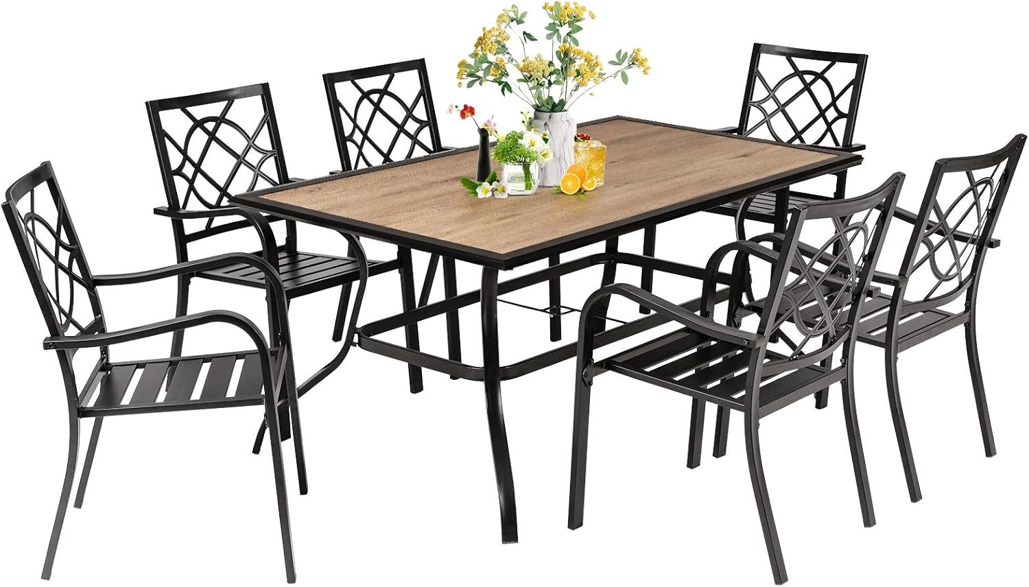 SUNCROWN 5-Piece Outdoor Wrought Iron Chairs and Table Patio Dining Furniture Set - 4 Stackable Metal Chairs and 1 Square Steel Slat Bistro Table with 1.57" Umbrella Hole for Backyard Garden Deck