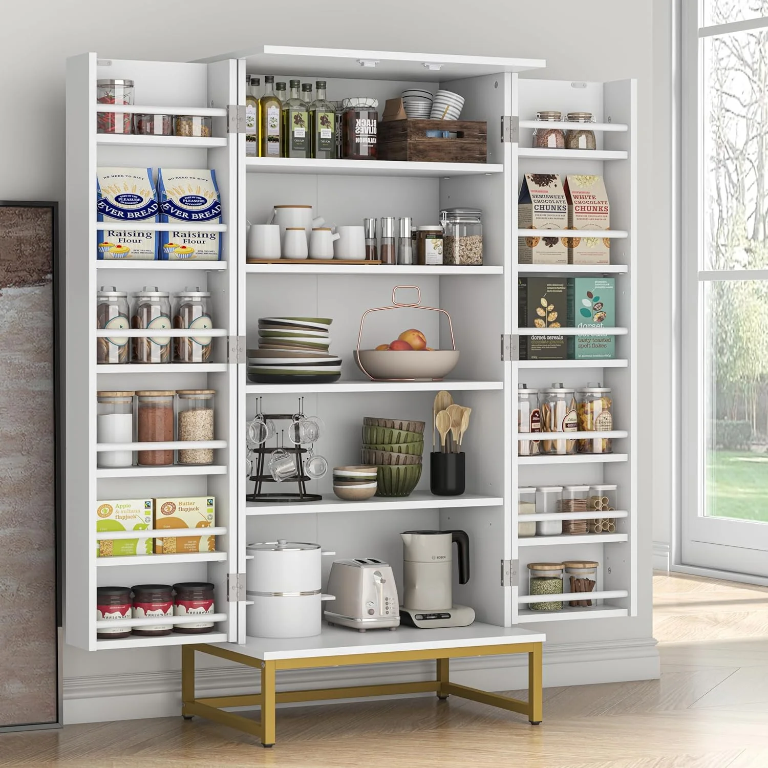 51” Pantry Cabinets, White Freestanding Kitchen Pantry Storage Cabinet with Adjustable Shelves, Buffet Cupboards Storage Cabinet for Home Office Use, White + Gold