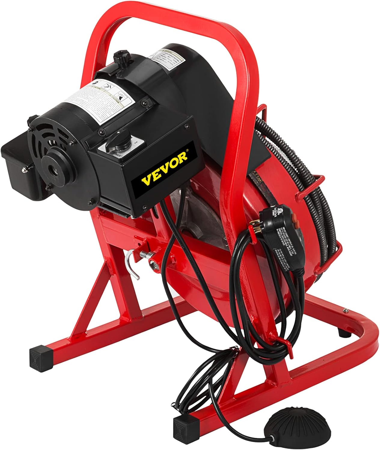 VEVOR 50 Ft x 3/8 Inch Machine Fits 1 to 4 Inch Pipes Portable Drain Cleaner with 8 Auger Bits, Red + Black