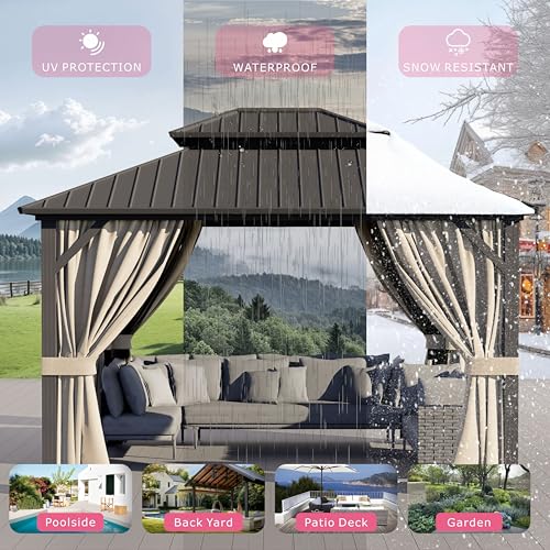10'x12' Hardtop Gazebo, Double-Layer Galvanized Steel Roof Gazebo, All-Season Aluminum Frame Pavilion with Privacy Curtains and Netting for Patio, Garden, Hot Tub & Backyard