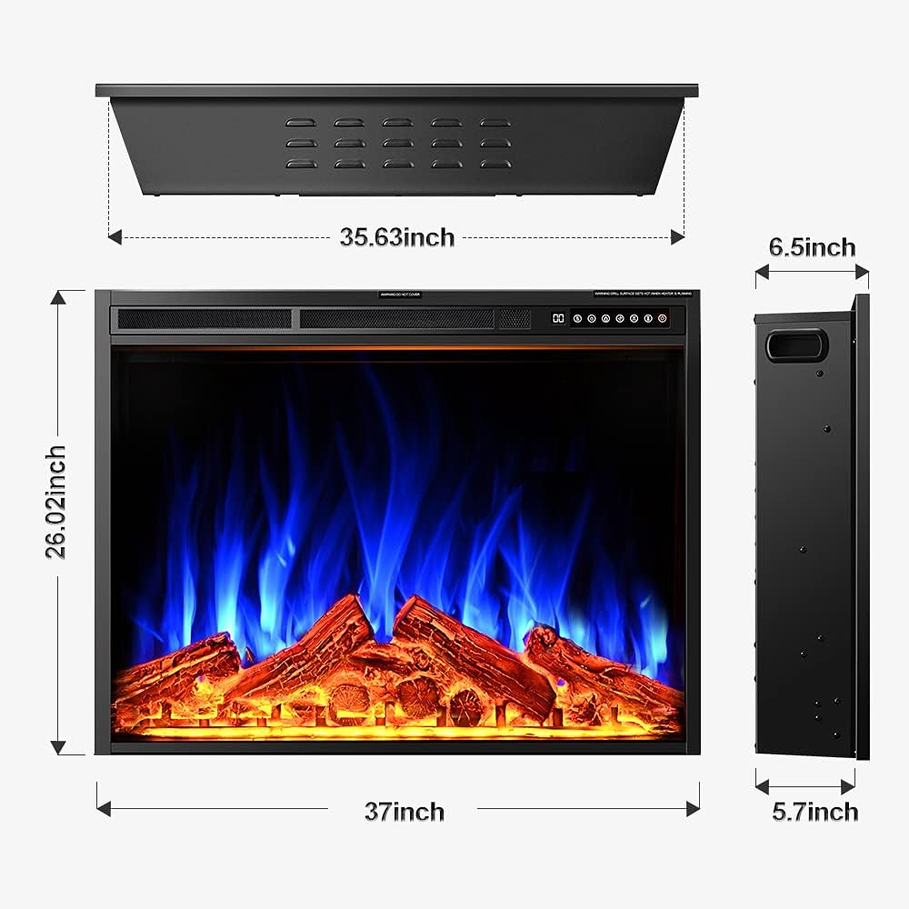 Electric Fireplace Insert 37", Rintuf Electric Heater Recessed or Free-standing, Adjustable Flame Colors and Speed, Touch Screen, Remote Control with Timer, 750-1500W with Colorful Flame Option, Black