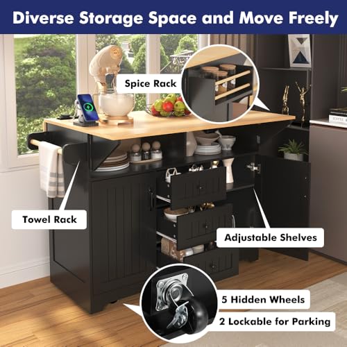 Rolling Kitchen Island with 2 Drop Leaf and Power Outlet, Island Table on Wheels with Towel Rack and Spice Rack, Kitchen Cart with Storage Cabinet and Drawers (White)
