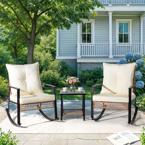 Outvita 3-Piece Outdoor Rocking Bistro Set, Patio Furniture Set w/Soft Thick Cushions & 2-Tier Coffee Table, Rattan Conversation Wicker Rocking Chairs for Garden, Balcony, Backyard, Poolside