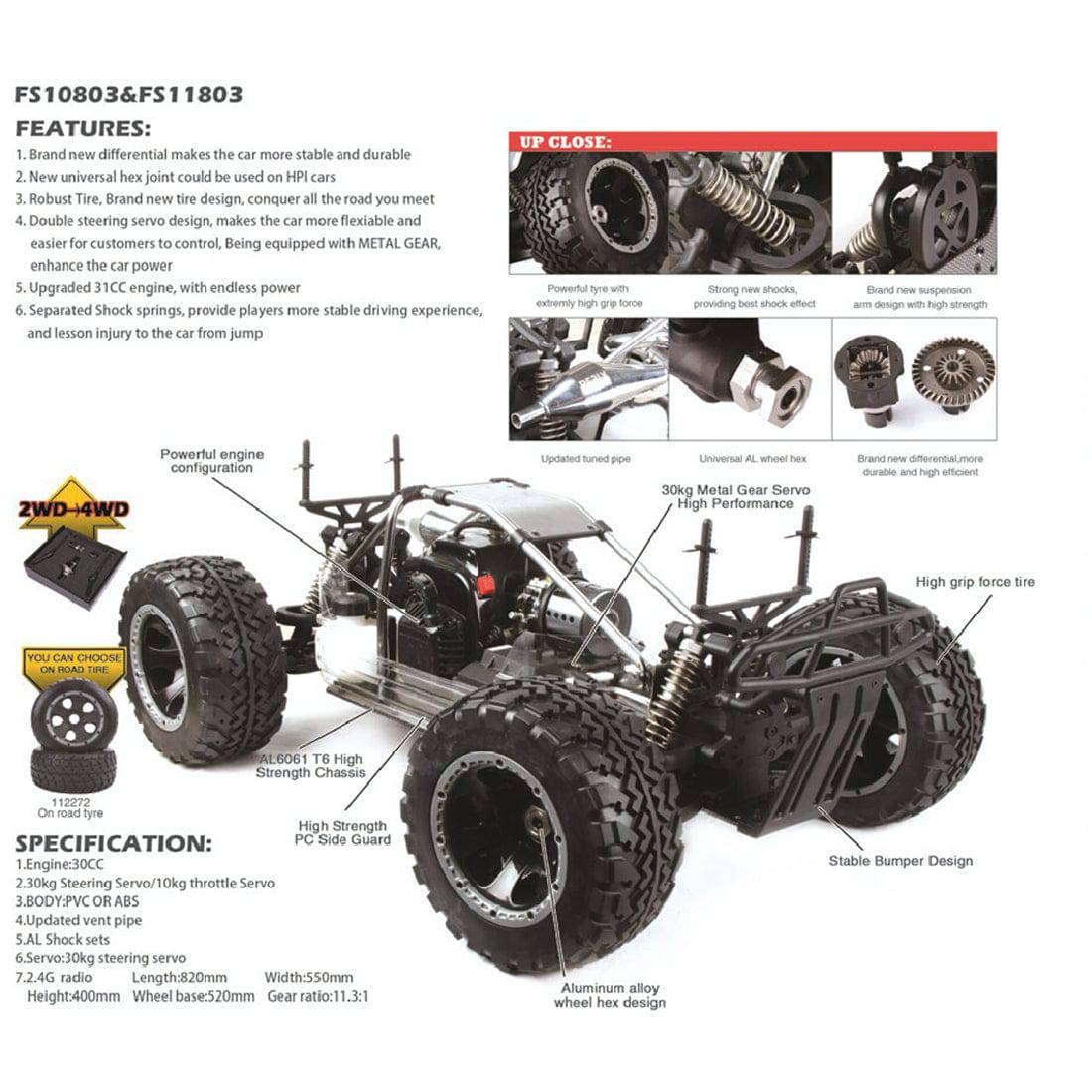 FS Racing 11803 Monster Trucks 1/5 2.4G 4WD RC Car with 30CC Gasoline Engine 80KM/H (RTR)