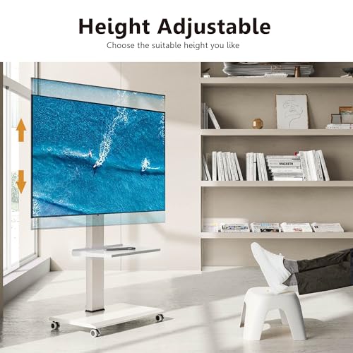 FITUEYES Rolling TV Stand - Portable Mobile TV Cart on Wheels for 32 to 75" TVs, Landscape to Portrait Rotating and 40°Swivel, Height Adjustable TV Cart Rolling TV Stand with 1 Shelf Hold Up to 88 Lbs