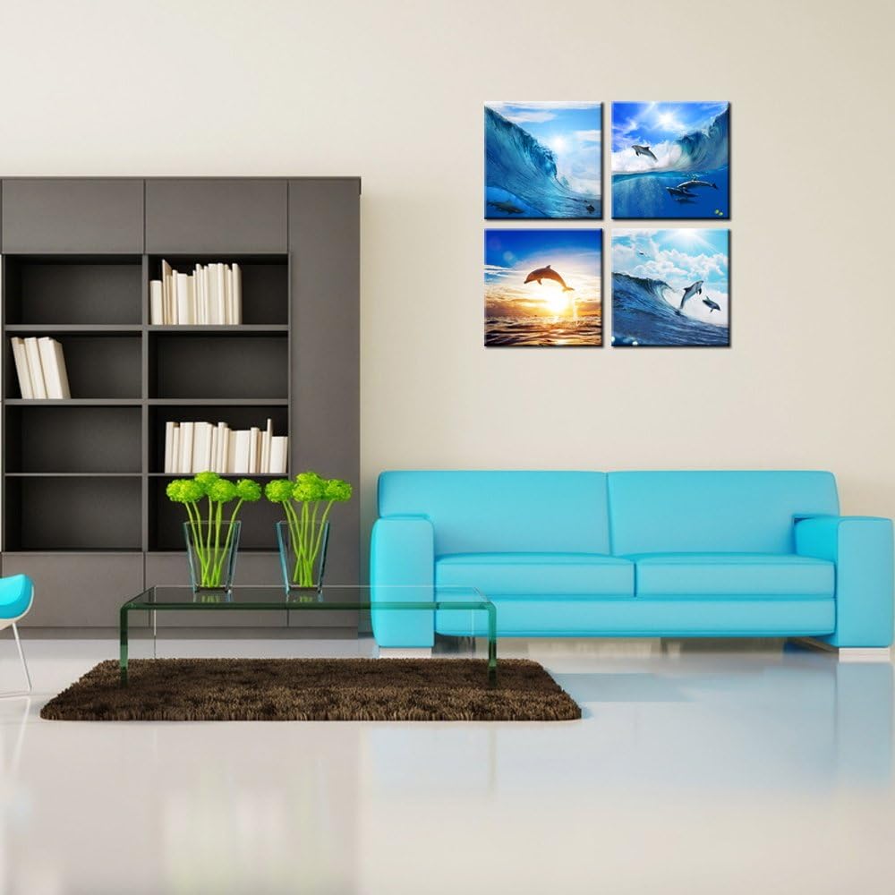 HOMEOART Dolphin Wall Art Blue Ocean Jumping Dolphins Animal Bathroom Decor Painting Picture Prints on Canvas Framed Home Wall Decoration12x12x4 Pictures