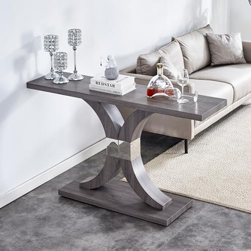 Modern Gray Console Table, 55 inch Narrow Entryway Foyer Table with Geometric Base, Vintage Sofa Table, Rustic Hallway Accent Table for Living Room, Entrance, White and Gold