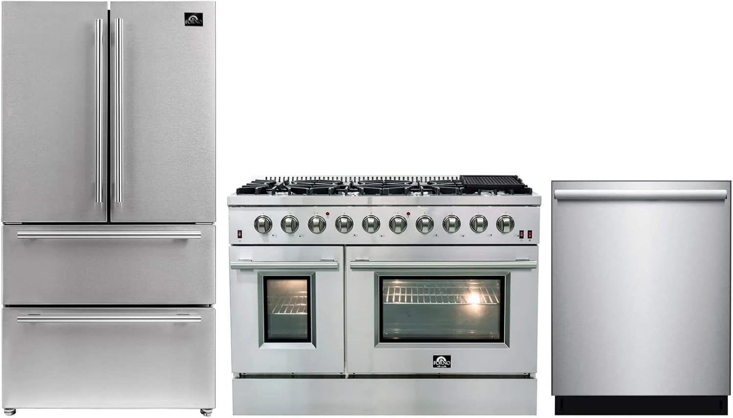 Forno 3 Pcs Stainless Steel Kitchen Package with 48" Galiano All Gas Double Oven Freestanding Gas Range, 36" W. Refrigerator and Freezer 19.2 Cu.Ft, 24" Built-In Dishwasher with 6 Wash Cycles