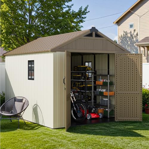 Patiowell 8 x 12 FT Plastic Outdoor Storage Shed with Floor, Resin Shed with Window and Lockable Door for Garden, Backyard, Tool Storage Use, Easy to Install in Beige (Kick-it Shed)