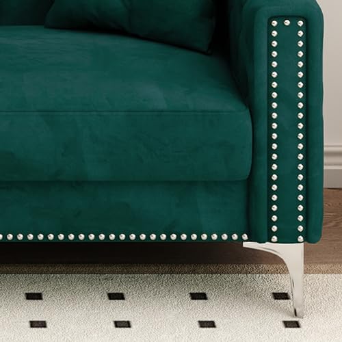 FANYE Velvet Upholstered 2 Pillows,Modern 3 Seaters Sofa Couch with Nailhead Decor and Metal Legs for Living Room, 83", Blue