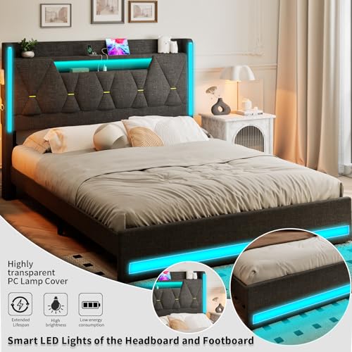 King LED Bed Frame with Hidden Storage and 2-Tier Storage Shelvs Headboard,Bed Frame with Charging Station and LED Lights,No Box Spring Needed, Dark Gray Linen Cloth