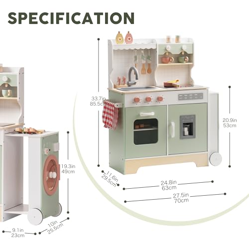 ROBUD Play Kitchen Set, Wooden Play Kitchen with Ice Maker, Fridge, Coffee Machine, Oven, Dishwasher, Microwave, Kitchen Accessories, Toy Kitchen Gift for Boys Girls, 3+