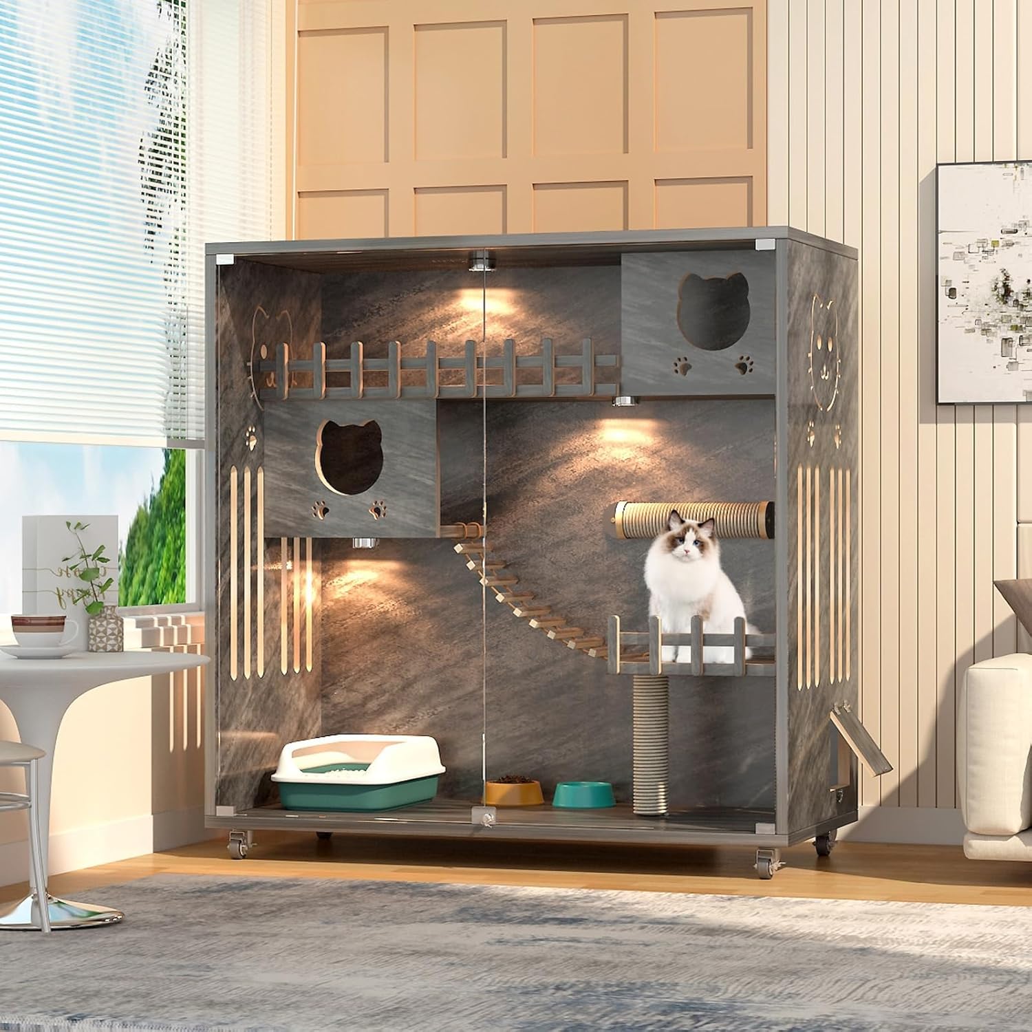 Large Cat Cage Indoor Catio Cat Enclosures, Wooden Cat Cage, Large Space with Scratching Post, Multi-Feature Cat Playpen for Indoor Cats Enclosed for Cats Ventilation Glass Doors
