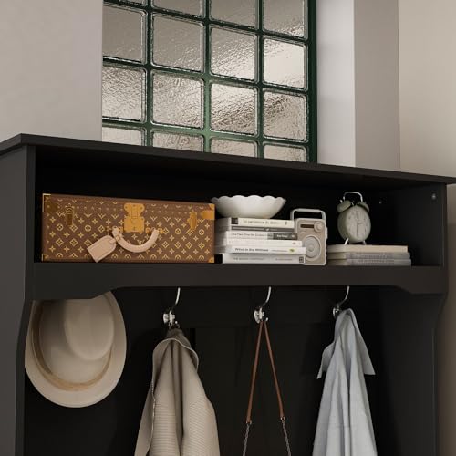 MOUMON Entryway Coat Rack with Storage Bench, Mudroom Storage Hall Tree with Shoe Rack, Hanging Hooks, Hall Tree and Shoe Storage for Entryway Grey (34.3”W x 16.5”D x 68.5”H)