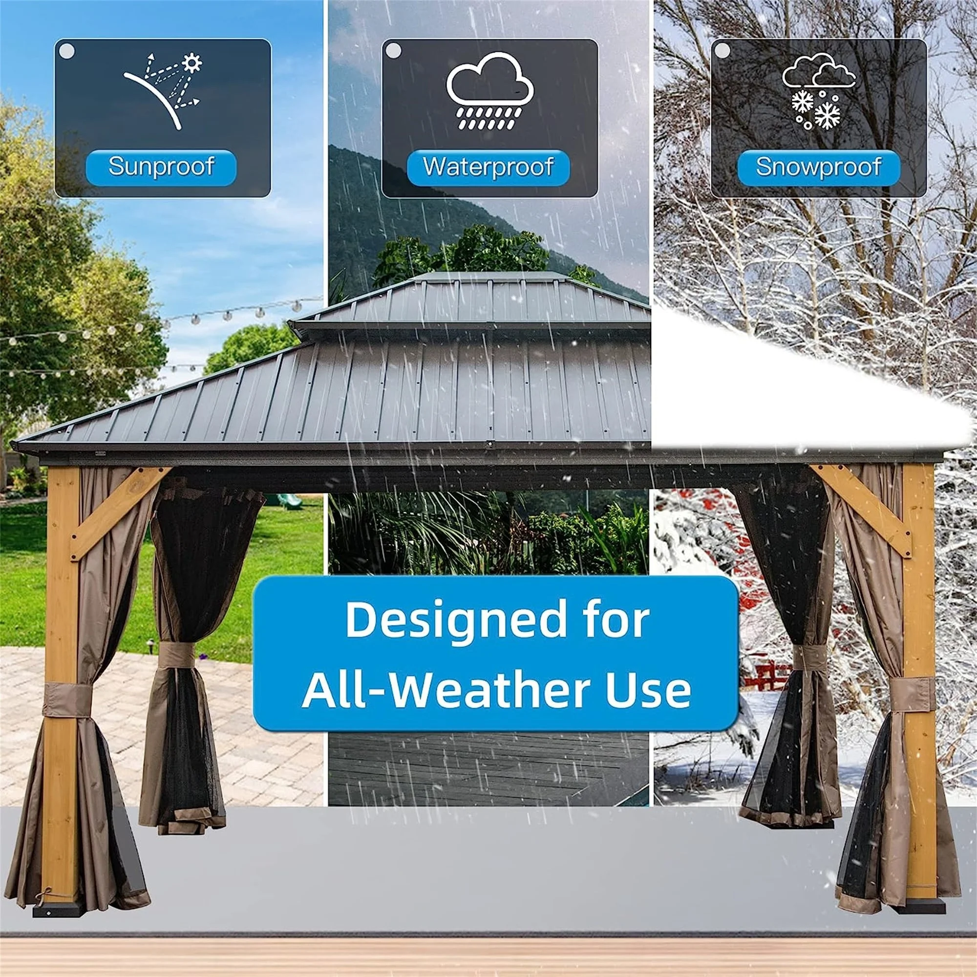 12 x 14 ft Hardtop Gazebo with Ventilated Galvanized Steel Double Roof and Cedar Wood Frame, Bug Netting and Privacy Curtains