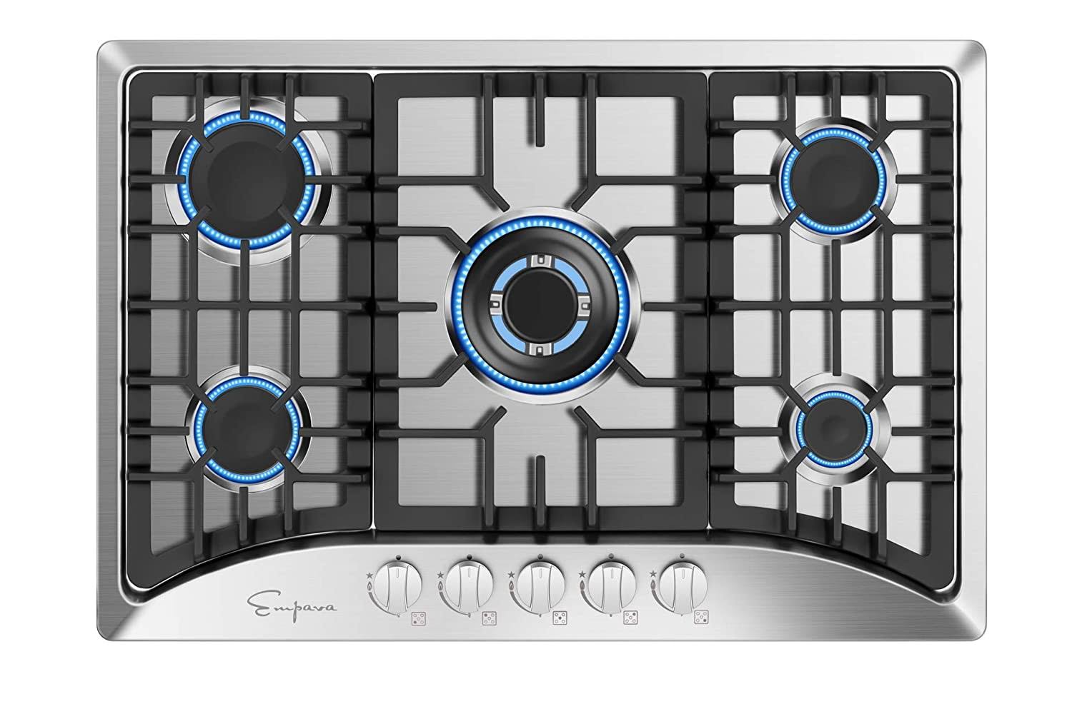 Empava EMPV-30GC5B70C 30x22 Gas Cooktop with 5 Italy Sabaf Sealed Burners Continuous Cast Iron Grates and CSA Certified in Stain