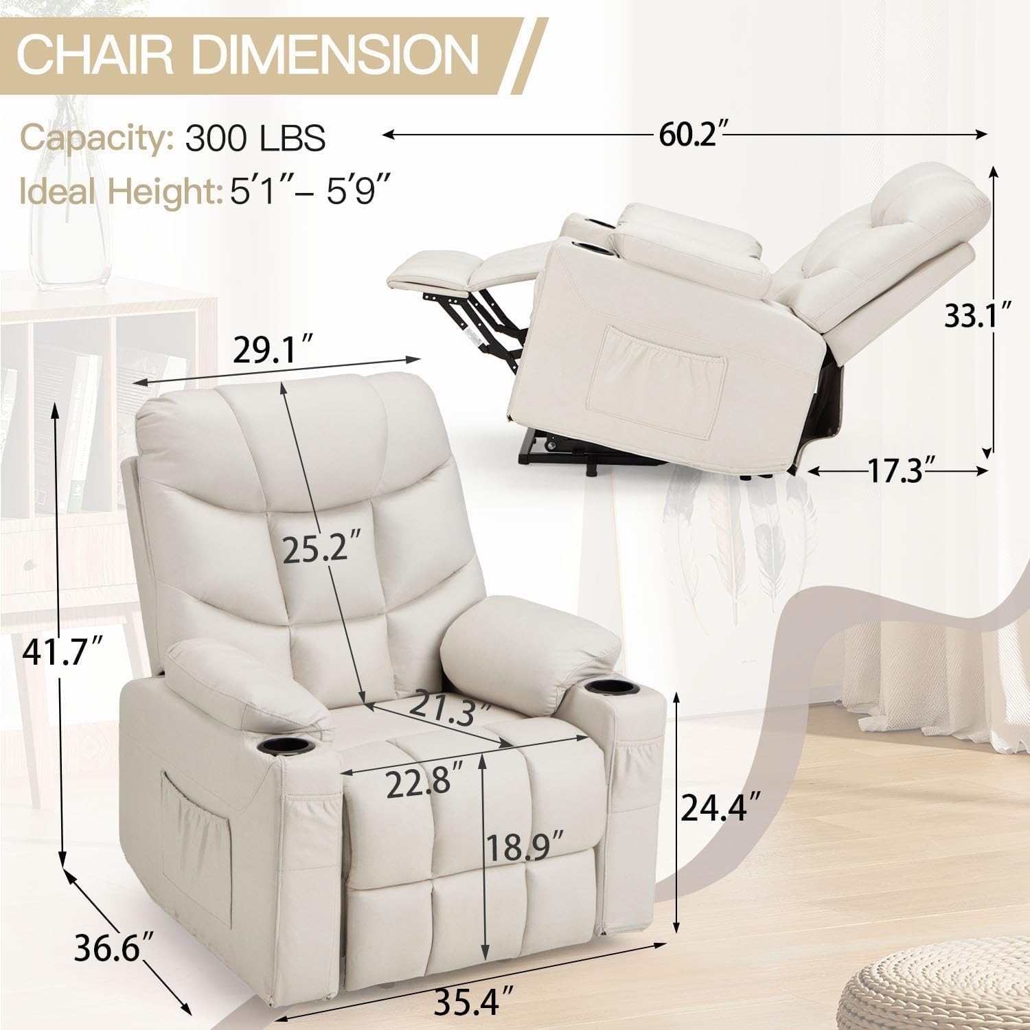 Dual Motor Power Lift Recliner Chair with Massage and Heat for Elderly People, Infinite Position, Cup Holders Side Pockets Home Theater Seat