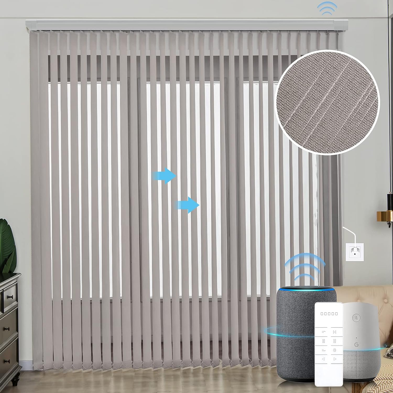 Graywind Motorized Half Shading Vertical Blinds Compatible with Alexa Google Privacy Smart Vertical Blind Remote Control Track Slats Set for Sliding Doors No Valance, Width Up to 157, Textured Khaki