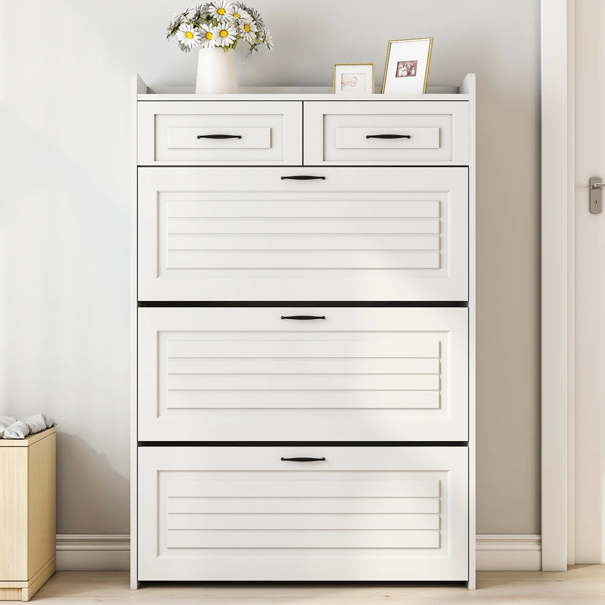 Yone jx je Shoe Cabinet for Entryway, White Narrow Shoe Storage Organizer with 3 Doors 2 Drawers,Flip Down Shoe Rack Wood 4 Tier Shoe Storage Cabinet for Hallway, Living Room,Home and Apartment