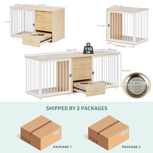 YITAHOME 74" Double Dog Crate Furniture with 2 Feeder Bowls, Wooden Dog Kennel TV Stand with Room Divider for 2 Large Medium Small Dogs, Walnut White