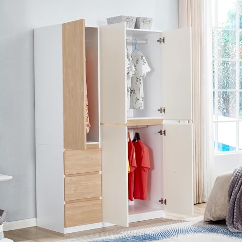 74" H 3 Doors 2 Drawers White Bedroom Wardrobe Armoire Closet Freestanding Clothes Storage Armoire Organizer with Hanging Rod Shelves Clothes Cabinet for Bathrooms Clothes Storage