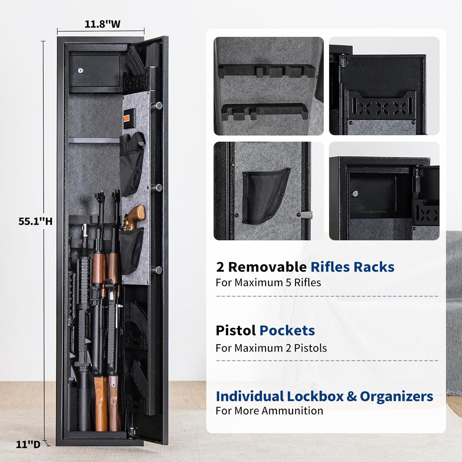 BlackSmith 5 Long Gun Safe Biometric Rifles Safe for Home Rifles and Pistols Quick Access Fingerprint Gun Cabinet Lockbox 2 Rifle Gun Rack Dual Alarm Password Memory Function 16 Gauge Alloy Steel