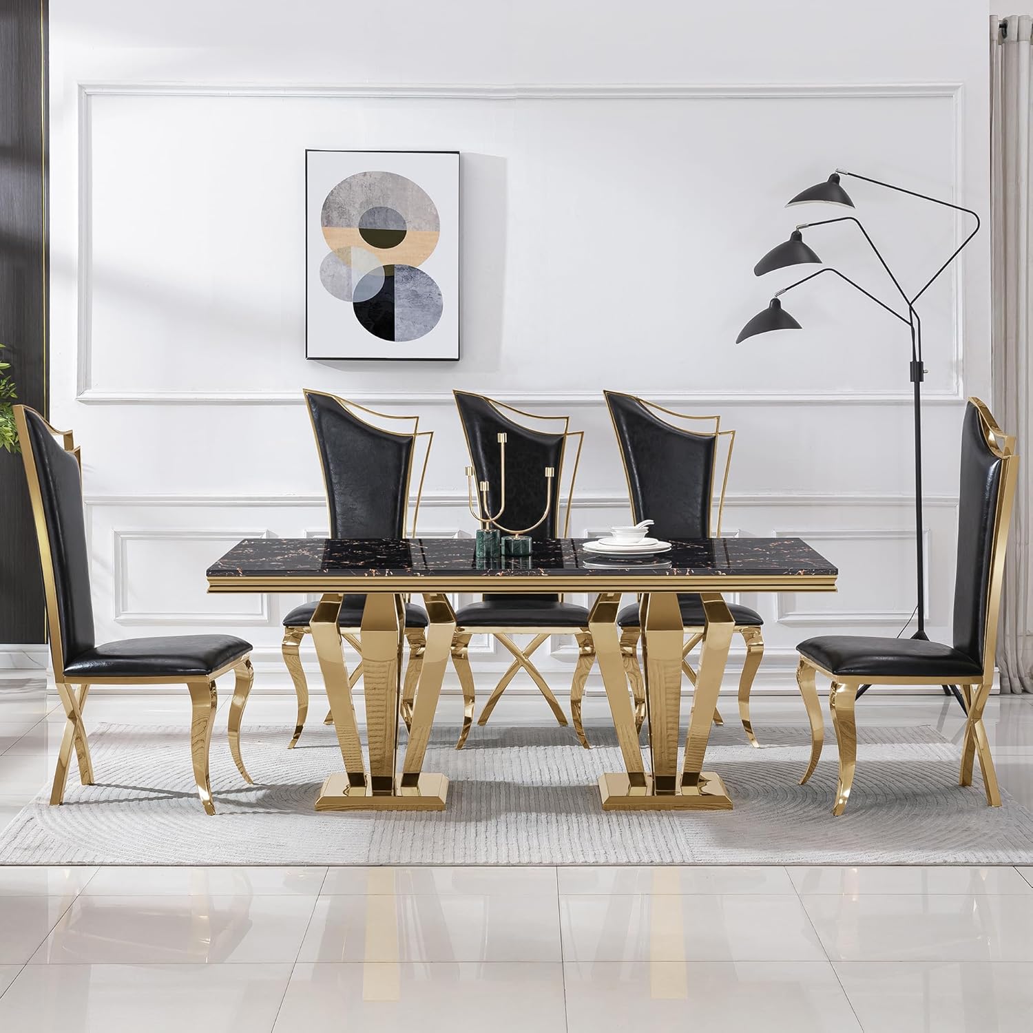 Modern Dining Room Table Set for 6, Marble Dining Table Set for 6, 70" Black Gold Marble Dining Table with 6 Upholstered PU Leather Chairs, 7 Piece Dining Table Set for Dining Room Kitchen