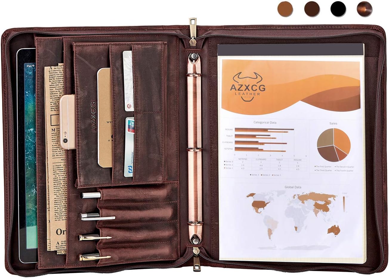 AZXCG Leather Padfolio Binder,Genuine Leather Portfolio Folder with YKK Zipper, Chrismas Gift Resume Portfolio for Son/Husband,Business Document Organizer, Dark Brown