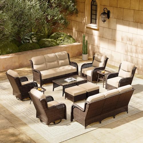 Luxury Patio Furniture Set with 6-inch Thick Cushion, Outdoor Couch and High Back Swivel Rocker Patio Chairs, 7PCS Wicker Conversation Set for Deck, Yard, and Poolside in Blue (V2)