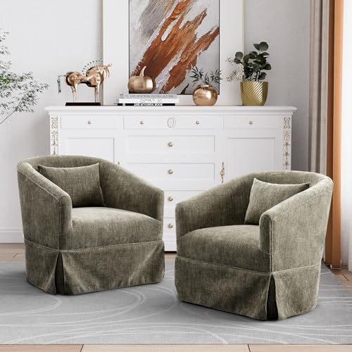 Swivel Accent Chair with Skirt Set of 2, Upholstered Swivel Barrel Chair 360 Degree Fabric Armchair for Nursery, Living Room, Bedroom, Beige