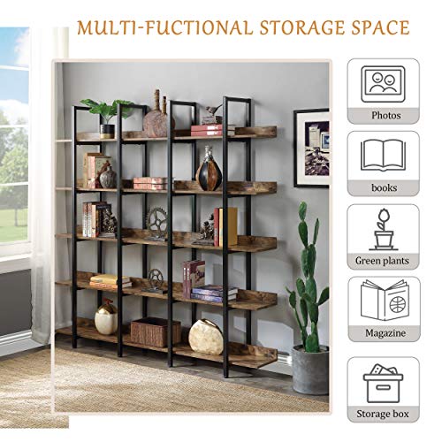 5-Shelf Bookcase, Large Open Bookshelf Modern Industrial Style, Open Display Shelves with Metal Frame for Living Room, Black