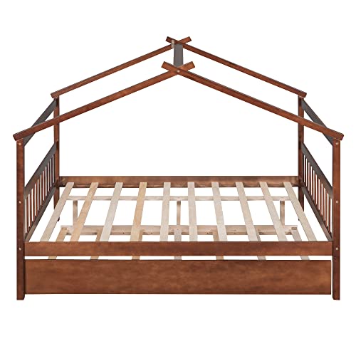 Full Size House Bed for Kids, Montessori Bed Full Size Platform Bed Frame with 2 Drawers, Headboard and Footboard, Solid Wood Full Storage Bed for Girls & Boys (Full, Gray)