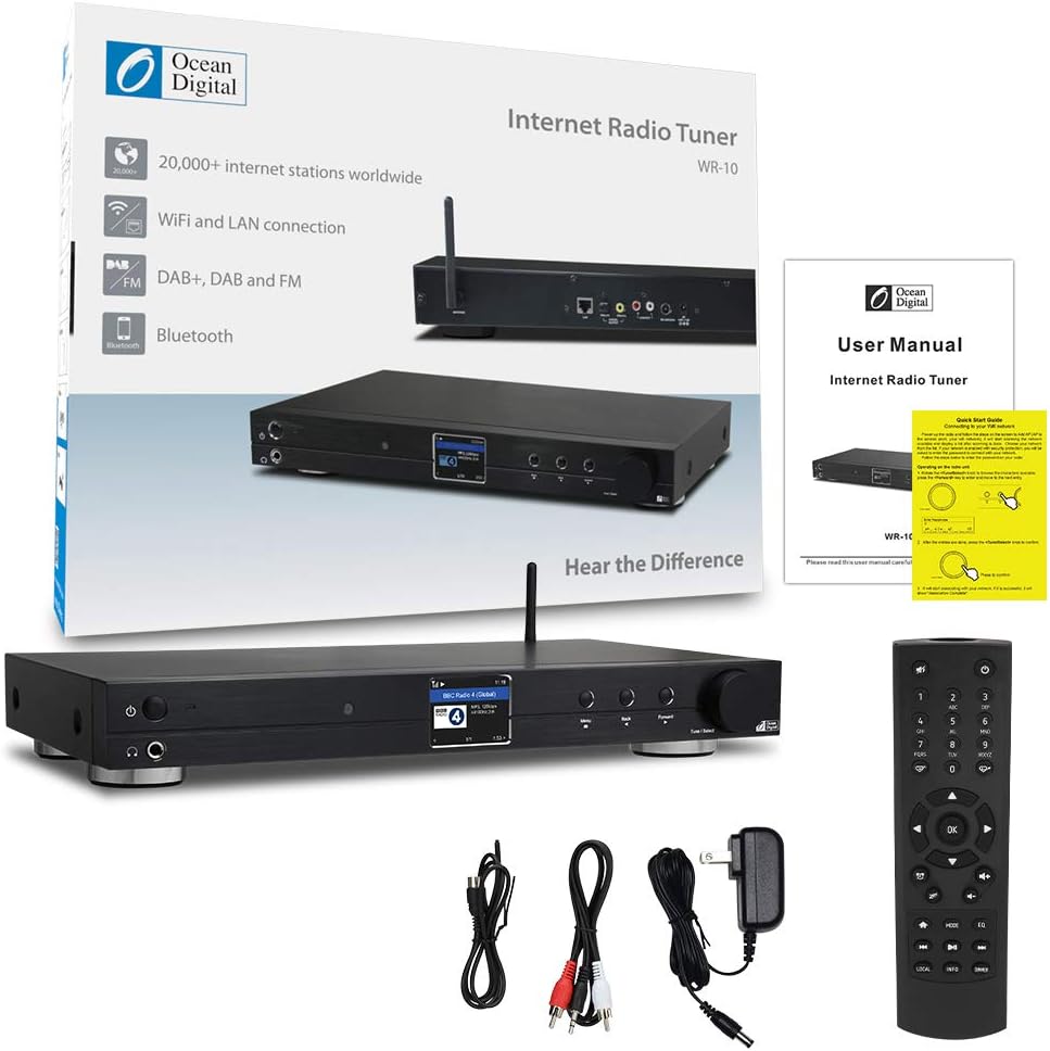 Ocean Digital WiFi Internet Component Radio Tuner (430 mm) WR10 FM/ Ethernet Bluetooth Receiver 2.4" Color Display with Digital Output to Connect Hi-Fi System -Black