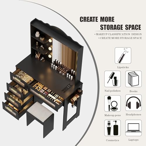 Makeup Vanity Desk with Mirror and Lights-Vanity Table with 5 Drawers&2 Shelves-Vanity Set for Bedroom-Dressing Table with 10 Light Bulbs-Desk Vanity with USB Port&Human Sensor Design-White