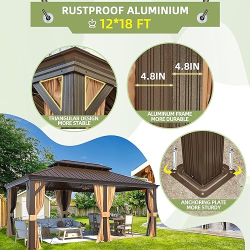 MELLCOM 12'x16' Hardtop Gazebo, Galvanized Steel Metal Double Roof Canopy with Curtains and Netting, Brown Permanent Pavilion Gazebos with Aluminum Frame for Garden, Patio, Lawns, Deck