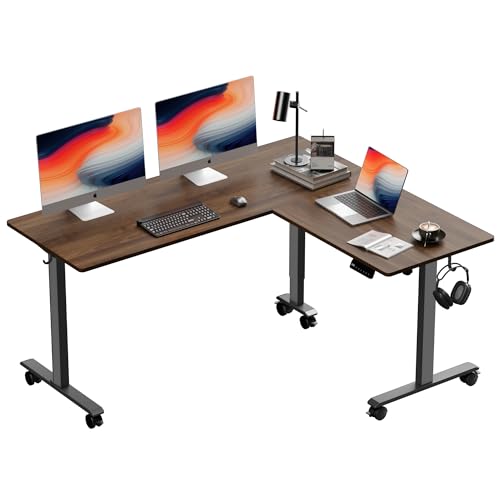 L-Shaped Electric Standing Desk, 63x55 Inch, Walnut, Adjustable Height, Wheeled, Ergonomic, Modern Design, Corner Desk for Home Office